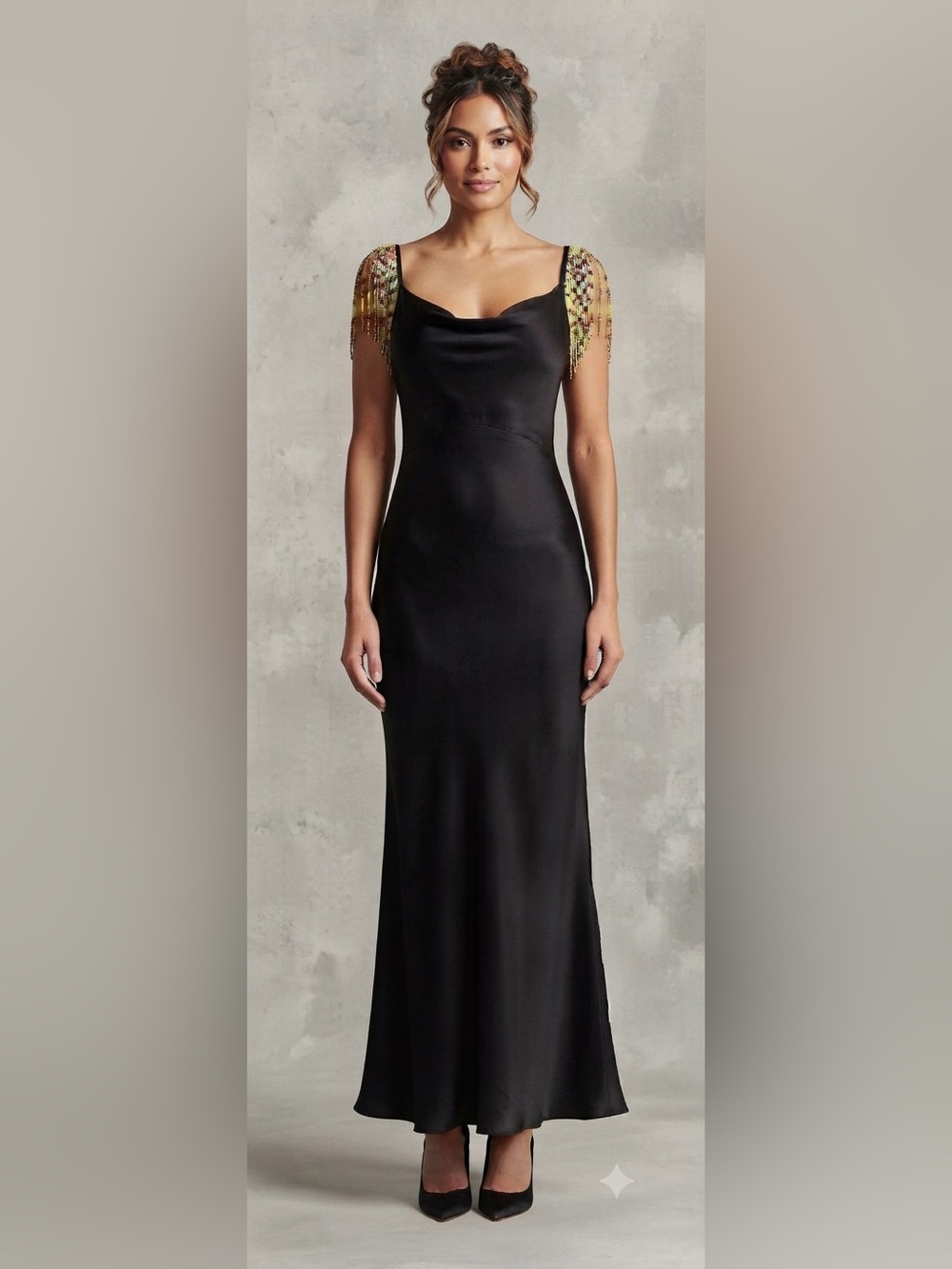 TOPSHOP Black Satin Maxi Dress with Beaded Cap Sleeves